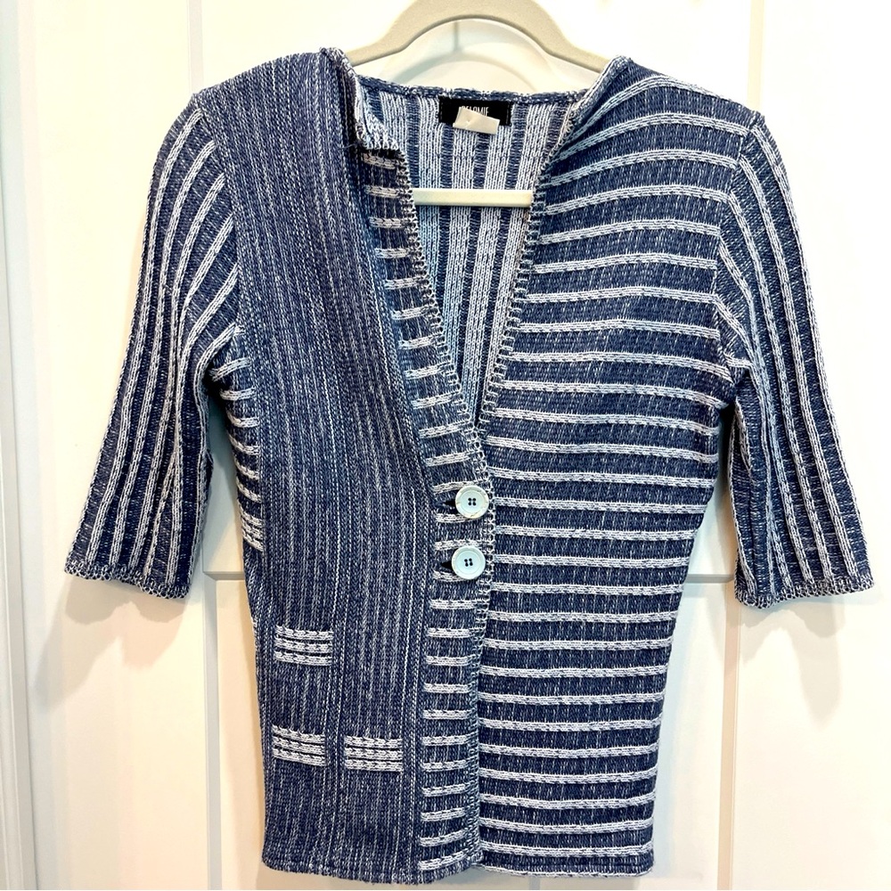 Belamie Cardigan‎ Women’s Size S Blue Striped Button Front Stretch Knit Sweater